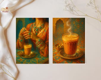Puede incluir: Dos impresiones artísticas que representan té chai. Una muestra a una persona adornada con joyas, sosteniendo un vaso de chai. La otra representa un vaso de chai humeante con un pequeño cuenco de nueces. Las impresiones tienen una paleta de colores cálidos.