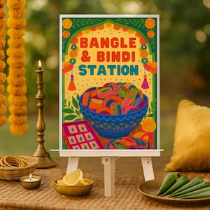 Mehndi Bazaar-skylt | Utskrivbar indisk bröllopsskylt | Haldi/Sangeet-dekor | Indiskt bröllop | Armbands- och Bindi-stationsskyltset (A3)