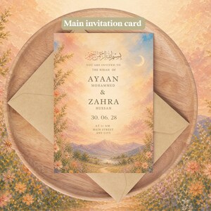K&ouml;nnte beinhalten: Eine Hochzeitskarte mit Landschaftsdesign. Die Karte zeigt die Namen AYAAN MOHAMMED & ZAHRA HUSSAN, Datum und Uhrzeit. Die Karte liegt auf einem Holztablett mit einem Umschlag, umgeben von floralen Elementen.