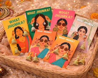Karta z kolczykami Jhumka | Bazarek z dekoracjami Mehndi | Upominki ślubne | Upominki z mehndi | Haldi | Wieczór z henną (pobranie cyfrowe) (A6)
