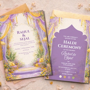 May include: Two wedding invitation cards with a watercolour design. The cards feature text for Rahul & Sejal, and Haldi Ceremony. The design includes purple, yellow, and gold colours, with floral and architectural elements. The cards are placed on a textured surface.