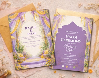 Lavender Haldi Invitation Template, Editable Indian Wedding Invite, Yellow Purple Haldi Ceremony Card, Canva Template, Digital Download