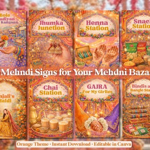 Op de afbeelding: Een collectie van 15 Mehndi-borden met een oranje thema voor een bazaar, met illustraties van henna, armbanden, chai en bloemendecoraties. De tekst bevat Bole Chudiyan Bole Kangana, Jhumka Junction, Henna Station, Snack Station, Anjali's Haldi, Chai Station, GAJRA For My Girlies en Bindis and Bangle Station.