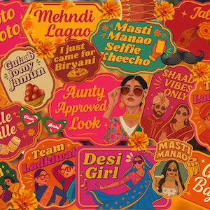 Puede incluir: Un conjunto de accesorios coloridos para fotomatón con texto en varios estilos. Los accesorios presentan ilustraciones de personas, comida y accesorios, con frases como "Photo Shoto", "Mehndi Lagao" y "Desi Girl".
