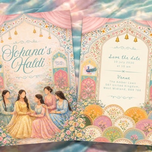 以下が含まれることがあります： 花柄と建築デザインのウェディング招待状2枚。左側の招待状には「Sohana's Haldi」と書かれています。右側の招待状にはイベントの詳細とともに「Save the date」と書かれています。カラーパレットにはピンク、ピーチ、ティールが含まれています。