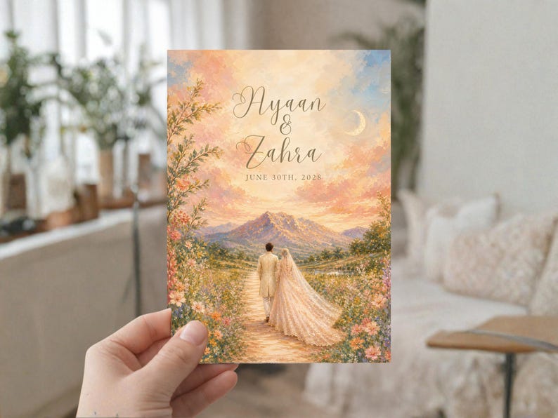 K&ouml;nnte beinhalten: Hochzeitseinladungskarte mit einem Paar, das auf eine Berglandschaft unter einem Sonnenuntergangshimmel zugeht. Die Karte enth&auml;lt die Namen "Ayaan & Zahra" und das Datum "30. Juni 2023". Die Farbpalette ist warm, mit sanften Rosa-, Orange- und Blaut&ouml;nen.