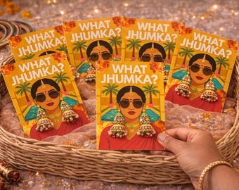 Co to jest Jhumka? Dekoracja stołu z mehendi | Desi Wedding Prop Sign, indyjski upominek ślubny | Tabliczka na stację z mehendi, kartka na kolczyki