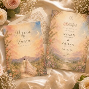 K&ouml;nnte beinhalten: Hochzeitseinladungen mit Aquarelldesign. Die Einladungen zeigen die Namen "Ayaan & Zahra" und das Datum "June 30th, 2028". Das Design umfasst ein Paar, das auf einem Weg geht, Berge und florale Elemente.