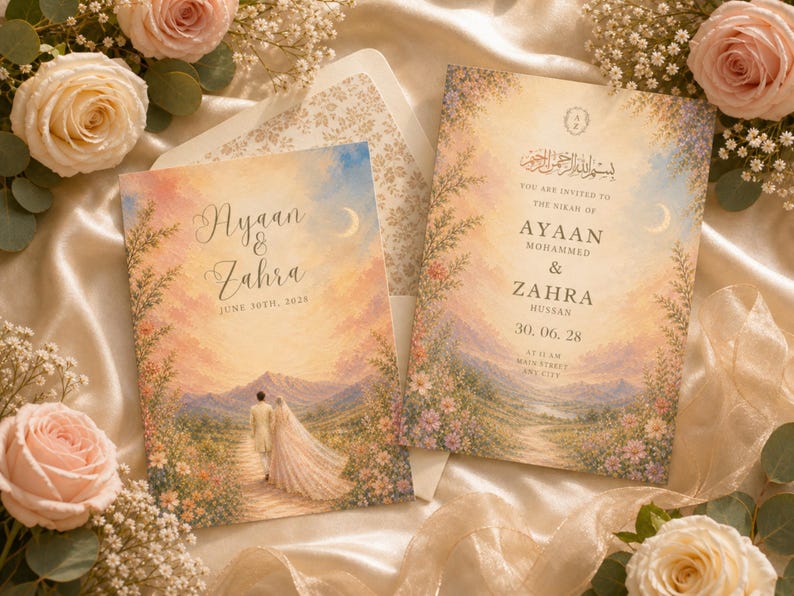 K&ouml;nnte beinhalten: Hochzeitseinladungen mit Aquarelldesign. Die Einladungen zeigen die Namen "Ayaan & Zahra" und das Datum "June 30th, 2028". Das Design umfasst ein Paar, das auf einem Weg geht, Berge und florale Elemente.