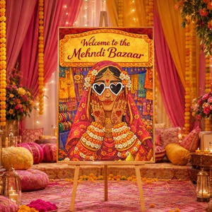 Könnte beinhalten: Ein rechteckiges Schild auf einer Holzstaffelei mit dem Text Welcome to the Mehndi Bazaar. Die Illustration zeigt eine Person mit einem rosa Kopftuch, herzförmiger Sonnenbrille und aufwendigen Hennamustern an Händen und Armen.