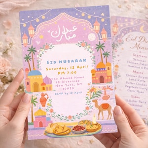 Op de afbeelding: Een kleurrijke Eid Mubarak-uitnodiging met een bloemenrand, met illustraties van moskeeën, kamelen en eten. De uitnodiging bevat evenementdetails: zaterdag 12 april, 19:00 uur, in The Ahmed Home, New York. Een bijpassende menukaart is ook zichtbaar.