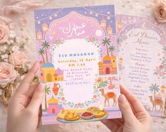 Pastel Eid Dinner Invitation Template | Editable Eid Mubarak Invite | Ramadan Party Invitation | Eid Menu Card | Canva Template Muslim Eid