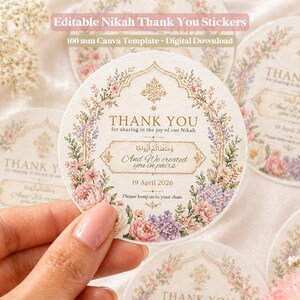 Nikah Sticker Template | Editable Canva Muslim Wedding Favour Label | 100mm Round Nikkah Thank You Sticker | Islamic Wedding Sticker