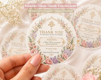 Nikah Aufkleber Vorlage | Bearbeitbares Canva Muslimisches Hochzeitsbevorzugungsetikett | 100 mm Runder Nikkah Danke Aufkleber | Islamischer Hochzeitsaufkleber