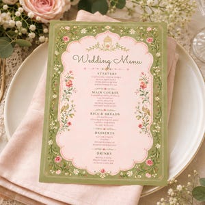 May include: A wedding menu card with a pink background and green border, featuring floral and bird illustrations. The text "Wedding Menu" is at the top. The card is placed on a white plate with a pink napkin, a gold fork, and a knife.