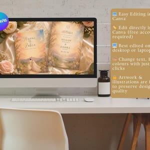 K&ouml;nnte beinhalten: Ein Computermonitor zeigt zwei Hochzeitskarten-Designs mit floralen und Landschaftsillustrationen. Die Einladungen tragen die Namen "Ayaan & Zahra" und "Hayaan & Zahra". Der Bildschirm zeigt auch das Canva-Logo und Text &uuml;ber einfache Bearbeitung.