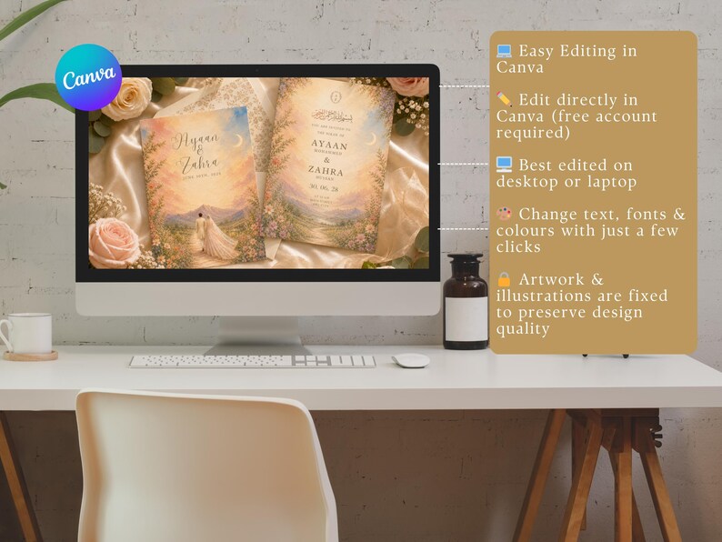 K&ouml;nnte beinhalten: Ein Computermonitor zeigt zwei Hochzeitskarten-Designs mit floralen und Landschaftsillustrationen. Die Einladungen tragen die Namen "Ayaan & Zahra" und "Hayaan & Zahra". Der Bildschirm zeigt auch das Canva-Logo und Text &uuml;ber einfache Bearbeitung.