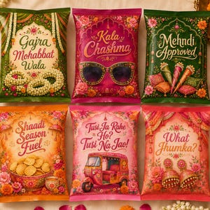 16 Mehndi Crisp Packet Labels, Printable Indian Wedding Favour Stickers, Editable Canva Crisp Packet Template, Dholki Sangeet Party Favours