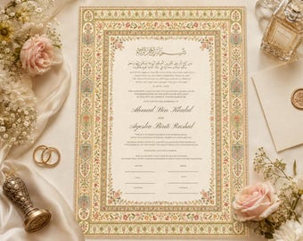 Luxury Nikahnama Certificate Template, Editable Islamic Marriage Contract, Floral Muslim Wedding Certificate, Nikah Nama Canva Printable