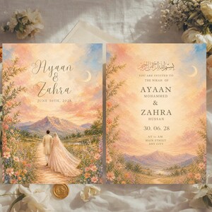 K&ouml;nnte beinhalten: Hochzeitseinladung mit einem Paar, das auf einem Weg auf eine Bergkette unter einem Sonnenuntergangshimmel zugeht. Die Einladung enth&auml;lt die Namen "Ayaan & Zahra" und das Datum "June 10th, 2028". Die rechte Seite hat arabischen Text und Veranstaltungsdetails.