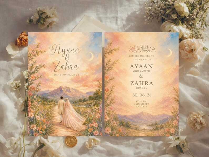 K&ouml;nnte beinhalten: Hochzeitseinladung mit einem Paar, das auf einem Weg auf eine Bergkette unter einem Sonnenuntergangshimmel zugeht. Die Einladung enth&auml;lt die Namen "Ayaan & Zahra" und das Datum "June 10th, 2028". Die rechte Seite hat arabischen Text und Veranstaltungsdetails.