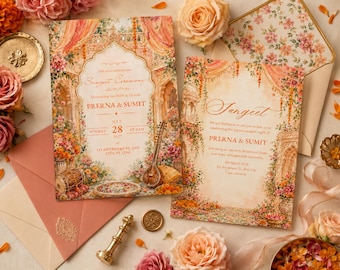 Modello di invito per Sangeet, invito di matrimonio indiano modificabile su Canva, invito colorato per Dholki, biglietto prematrimoniale Desi, download digitale