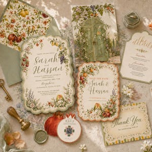 Puede incluir: Un conjunto de papelería de boda con tarjetas de bordes festoneados e ilustraciones botánicas de frutas y flores, que incluye invitación, save the date, tarjeta de detalles, nota de agradecimiento y tarjeta RSVP con código QR y sello.