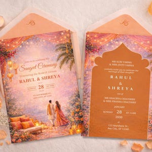 May include: Wedding invitation featuring a scenic illustration with the text "Sangeet Ceremony" and names "Rahul & Shreya." The invitation is in a peach envelope with gold accents. The design includes a couple, lanterns, and floral elements.