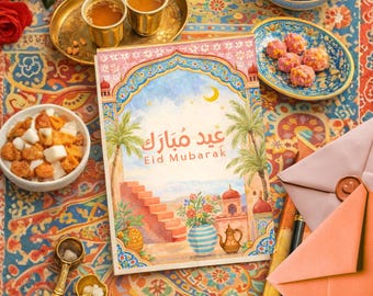 Eid Mubarak Card Printable,Watercolour Eid Greeting, Islamic 5x7 Digital Card, Pastel Masjid Illustration, Instant Download