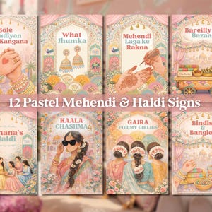 Op de afbeelding: Een verzameling van 12 pastelkleurige borden voor Mehndi- en Haldi-ceremonies. Elk bord bevat illustraties en tekst in verschillende stijlen, waaronder met henna versierde handen, sieraden en traditionele Indiase motieven. De borden zijn ontworpen met een zachte, aquarel esthetiek.