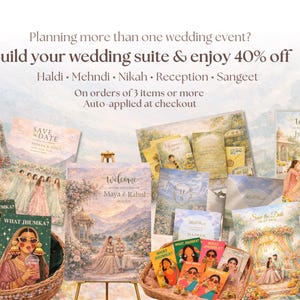 K&ouml;nnte beinhalten: Eine Sammlung von Hochzeitspapeterie, darunter Einladungen und Willkommensschilder, mit dem Text "Build your wedding suite & enjoy 40% off." Die Designs zeigen Illustrationen von Paaren und Blumenarrangements. Der Text enth&auml;lt auch "Haldi, Mehndi, Nikah, Reception, Sangeet."