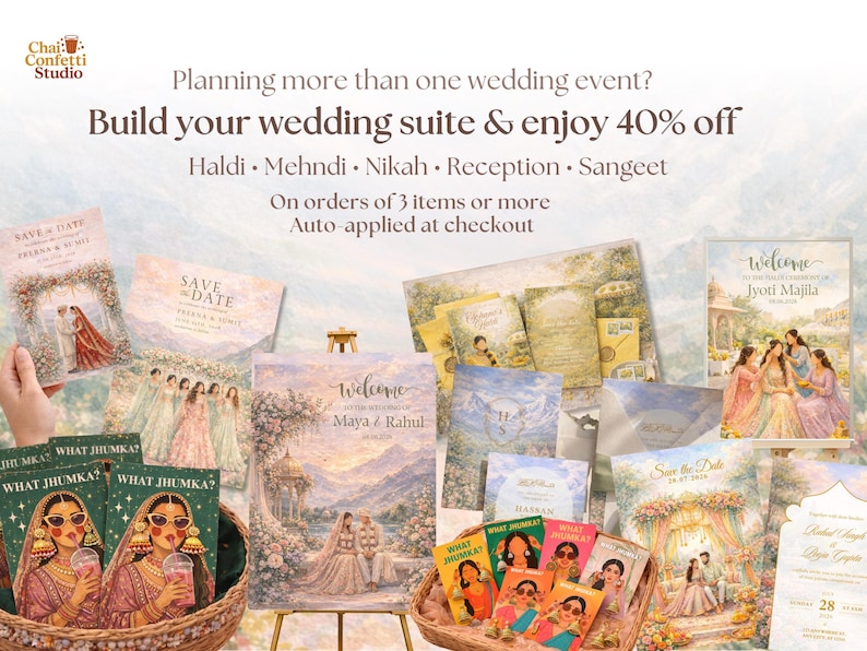 K&ouml;nnte beinhalten: Eine Sammlung von Hochzeitspapeterie, darunter Einladungen und Willkommensschilder, mit dem Text "Build your wedding suite & enjoy 40% off." Die Designs zeigen Illustrationen von Paaren und Blumenarrangements. Der Text enth&auml;lt auch "Haldi, Mehndi, Nikah, Reception, Sangeet."