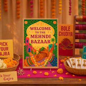 May include: A display for a Mehndi Bazaar, featuring signs, baskets of flowers, and colorful bangles. The main sign reads "Welcome to the Mehndi Bazaar" with a vibrant illustration. Other signs say "Pick Your Gajra" and "What Jhumka?"