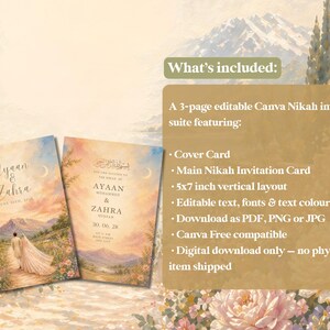 K&ouml;nnte beinhalten: Ein 3-seitiges, editierbares Canva Nikah-Einladungsset. Das Set beinhaltet eine Umschlagkarte und eine Haupt-Einladungskarte mit einem vertikalen Layout von 12,7 x 17,8 cm. Das Design zeigt ein Paar auf einem Weg mit Bergkulisse und floralen Akzenten.