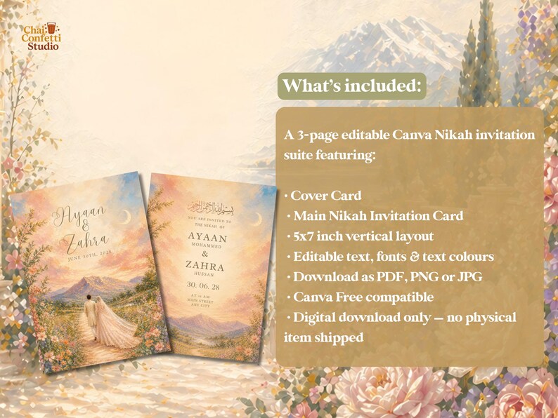 K&ouml;nnte beinhalten: Ein 3-seitiges, editierbares Canva Nikah-Einladungsset. Das Set beinhaltet eine Umschlagkarte und eine Haupt-Einladungskarte mit einem vertikalen Layout von 12,7 x 17,8 cm. Das Design zeigt ein Paar auf einem Weg mit Bergkulisse und floralen Akzenten.