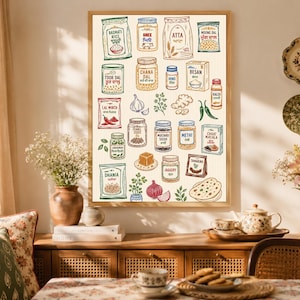 Peut inclure: Une affiche murale rectangulaire présentant une collection d'illustrations d'aliments de base indiens, incluant des sacs de riz basmati, d'atta et de moong dal, des bocaux de ghee, de chana dal et d'épices, avec de l'ail, du gingembre et du piment.