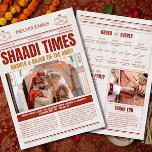 May include: Two-page wedding announcement titled "Shaadi Times" with photos of the couple, Ananya and Arjun. The announcement includes the date, December 12, 2030, and an order of events. The headline reads "Shaadi Times Ananya & Arjun Tie the Knot!"