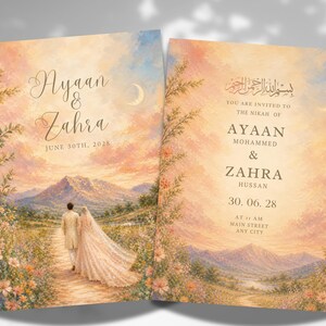 K&ouml;nnte beinhalten: Hochzeitseinladung mit einer Aquarelllandschaft und einem Paar, das einen Weg entlanggeht. Die Einladung enth&auml;lt die Namen "Ayaan & Zahra" und das Datum "30. Juni 2028". Die rechte Seite hat arabische Schrift und Hochzeitsdetails.