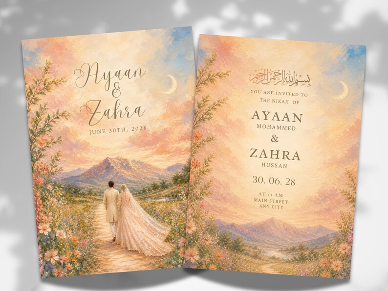 K&ouml;nnte beinhalten: Hochzeitseinladung mit einer Aquarelllandschaft und einem Paar, das einen Weg entlanggeht. Die Einladung enth&auml;lt die Namen "Ayaan & Zahra" und das Datum "30. Juni 2028". Die rechte Seite hat arabische Schrift und Hochzeitsdetails.