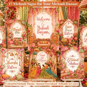 May include: A collection of rectangular signs for a Mehndi Bazaar, featuring floral borders, ornate archways, and text including Welcome to Mehndi Bazaar, Chai Station, Bangle Bar, Paani Poori Station, Henna Station, Jhumka Station, and Mehndi Station.