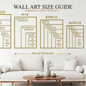 May include: Wall art size guide with dimensions in inches and centimeters. Displays various aspect ratios: 2:3, 4:5, and 3:4, plus A1-A4 sizes. Includes measurements like 24x36 in (61x91 cm) and 8x10 in (20x25 cm). The sofa is 84 inches (213 cm) wide.