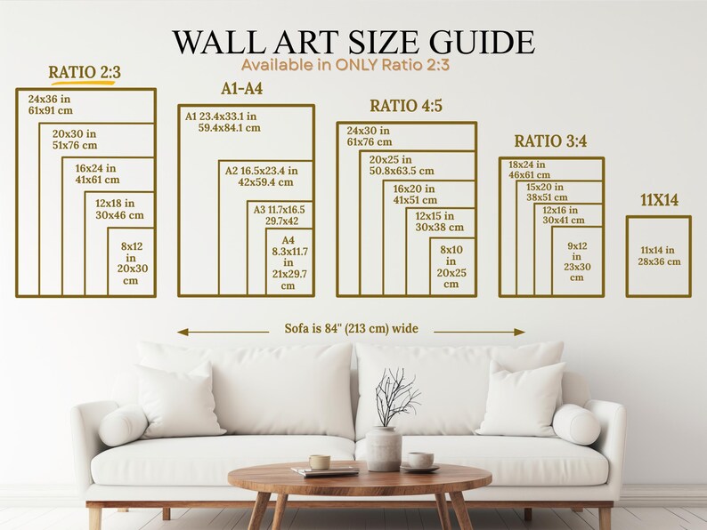 May include: Wall art size guide with dimensions in inches and centimeters. Displays various aspect ratios: 2:3, 4:5, and 3:4, plus A1-A4 sizes. Includes measurements like 24x36 in (61x91 cm) and 8x10 in (20x25 cm). The sofa is 84 inches (213 cm) wide.