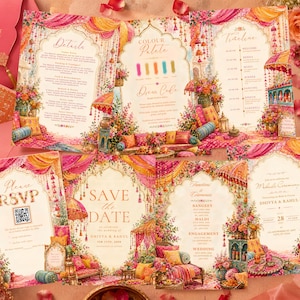 Colourful Mehndi invitation bundle, Mehndi Invite, Indian wedding invitation template, Haldi Sangeet, Wedding weekend invitation, Canva edit