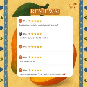 May include: Digital art print featuring a stylized mango with a green leaf, set against a yellow background with decorative borders. The image includes customer reviews and the text "REVIEWS:"