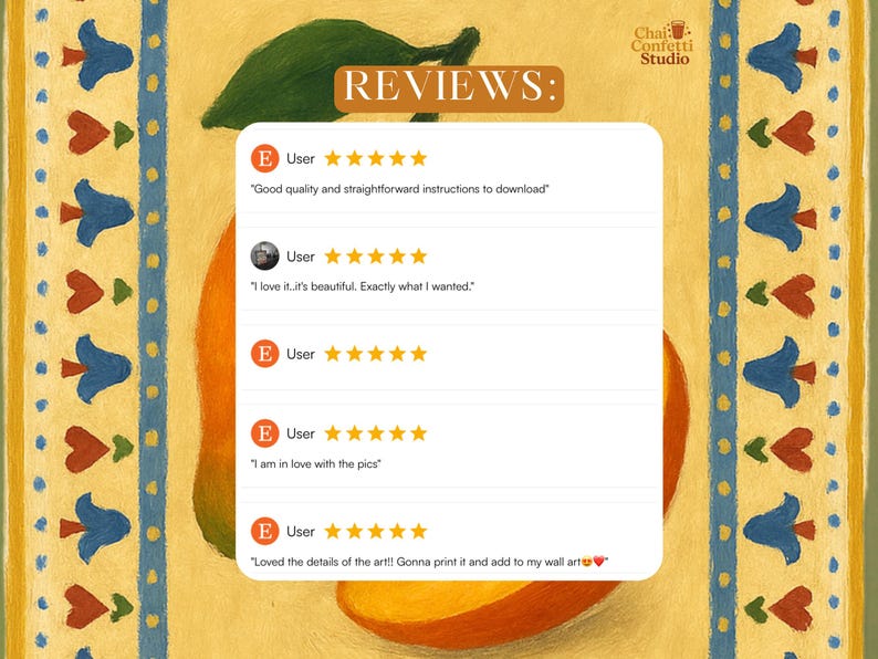 May include: Digital art print featuring a stylized mango with a green leaf, set against a yellow background with decorative borders. The image includes customer reviews and the text "REVIEWS:"