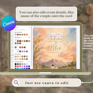 K&ouml;nnte beinhalten: Ein Laptop-Bildschirm zeigt ein Hochzeitskarten-Design, das in Canva bearbeitet werden kann. Das Design zeigt die Namen "Sofian & Alia" und das Datum "OCTOBER 28TH, 2018". Textblasen heben die M&ouml;glichkeit hervor, Details, W&ouml;rter, Schriftarten und Farben zu bearbeiten.