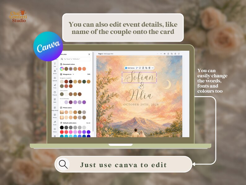 K&ouml;nnte beinhalten: Ein Laptop-Bildschirm zeigt ein Hochzeitskarten-Design, das in Canva bearbeitet werden kann. Das Design zeigt die Namen "Sofian & Alia" und das Datum "OCTOBER 28TH, 2018". Textblasen heben die M&ouml;glichkeit hervor, Details, W&ouml;rter, Schriftarten und Farben zu bearbeiten.