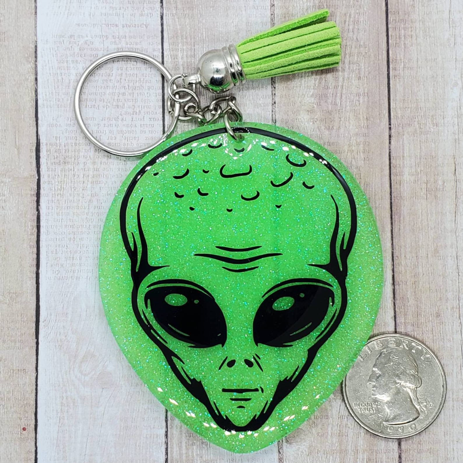 Alien Keychain Green Acrylic Tassel Keychain Outer Space Etsy