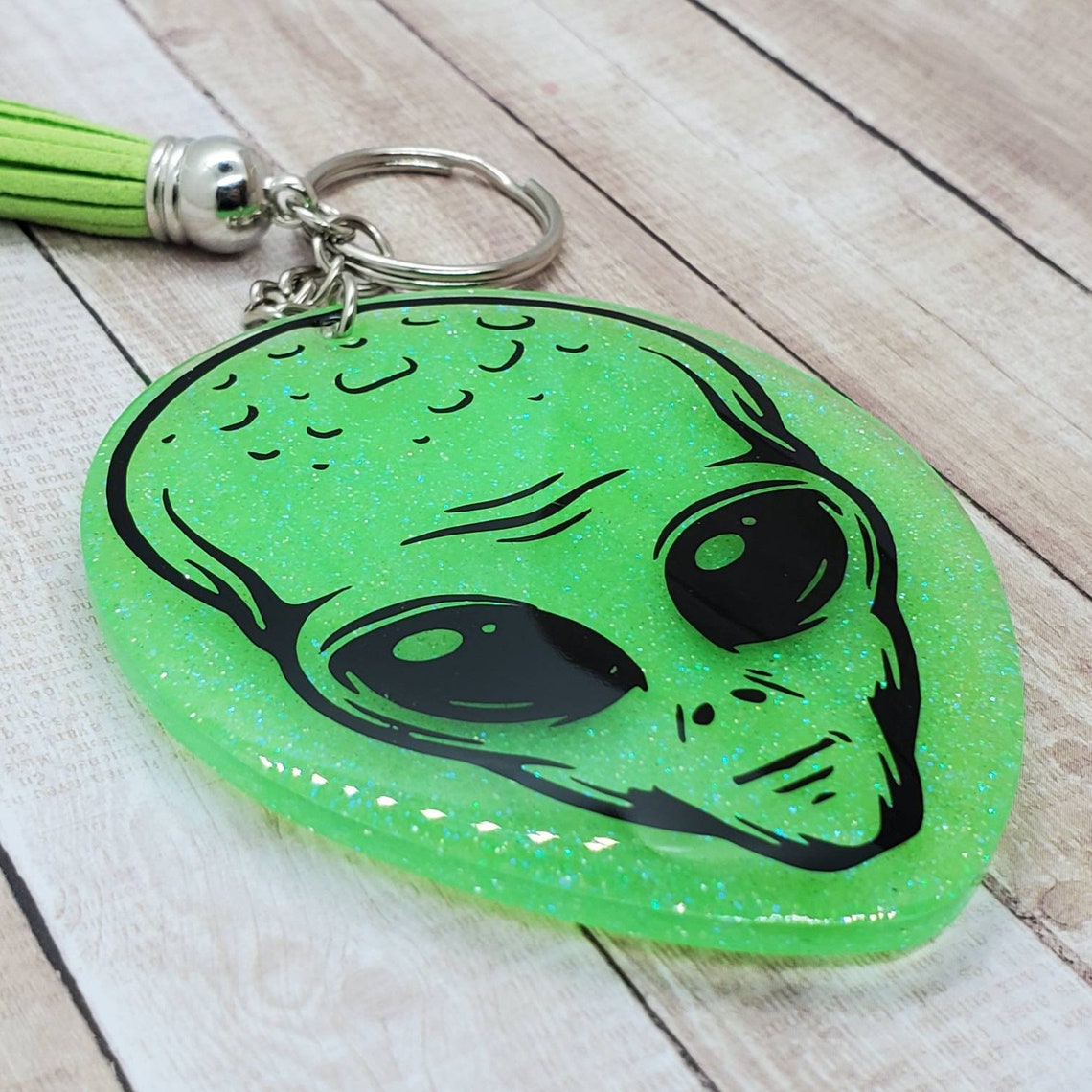 Alien Keychain Green Acrylic Tassel Keychain Outer Space Etsy