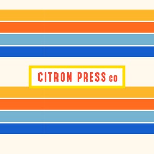 May include: A graphic design featuring horizontal stripes in yellow, orange, light blue, and dark blue against an off-white background. Centered is a rectangular yellow frame containing the red text CITRON PRESS CO in a sans-serif font.